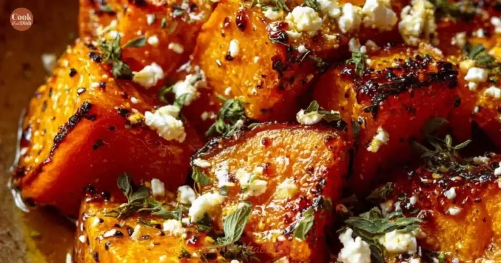 Delicious roasted pumpkin topped with feta cheese and drizzled with honey.