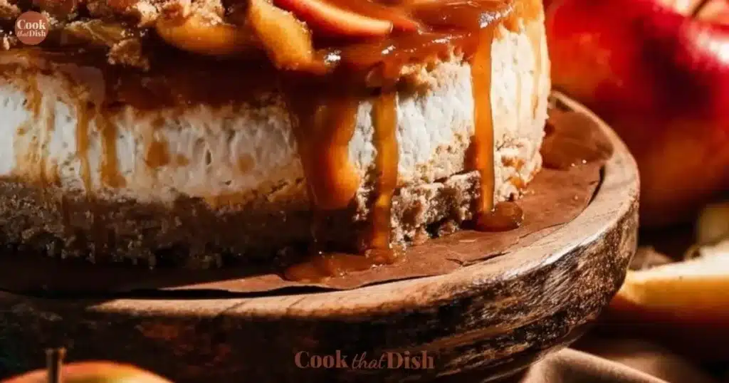 Slice of Salted Caramel Apple Pie Cheesecake topped with caramel sauce and apples