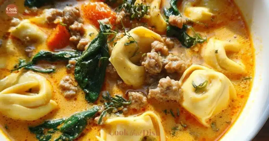 Bowl of Sausage Tortellini Soup with Spinach garnished with fresh herbs
