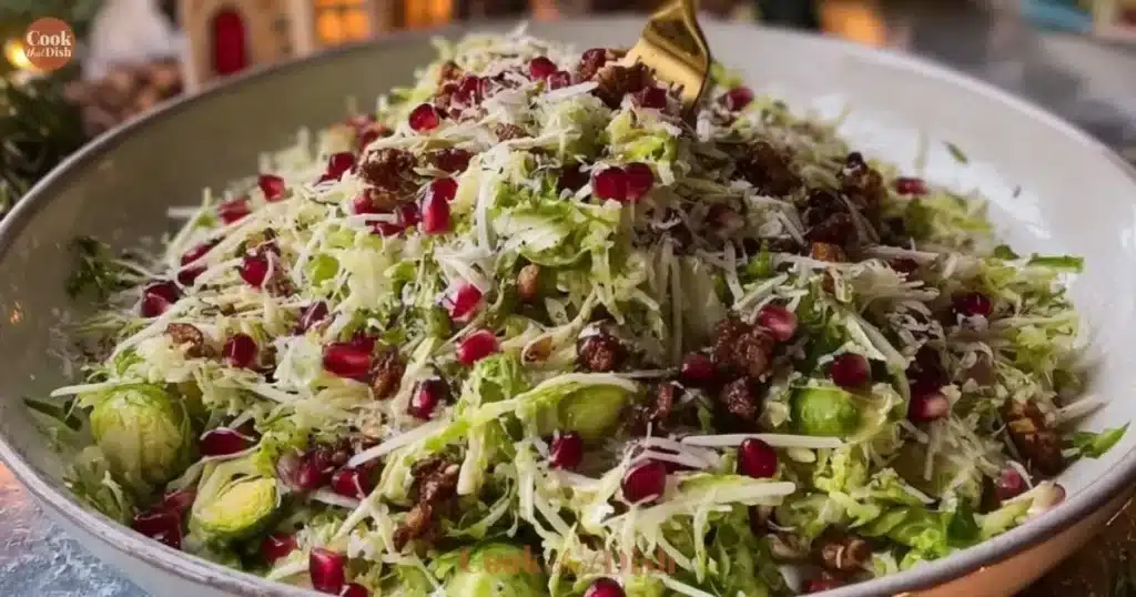 Freshly made shaved Brussels sprout salad with vibrant ingredients.