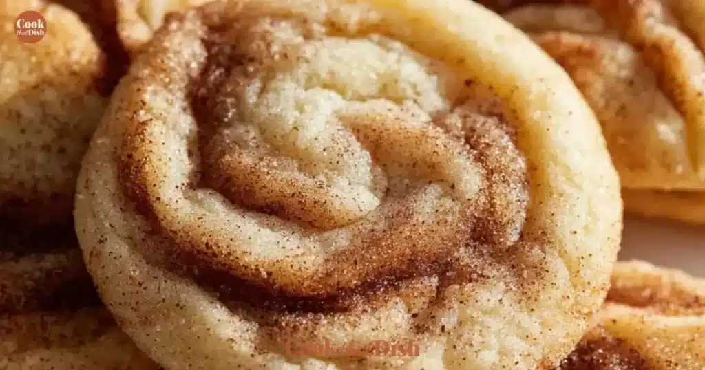Soft and chewy cinnamon roll sugar cookies on a plate garnished with cinnamon sugar.
