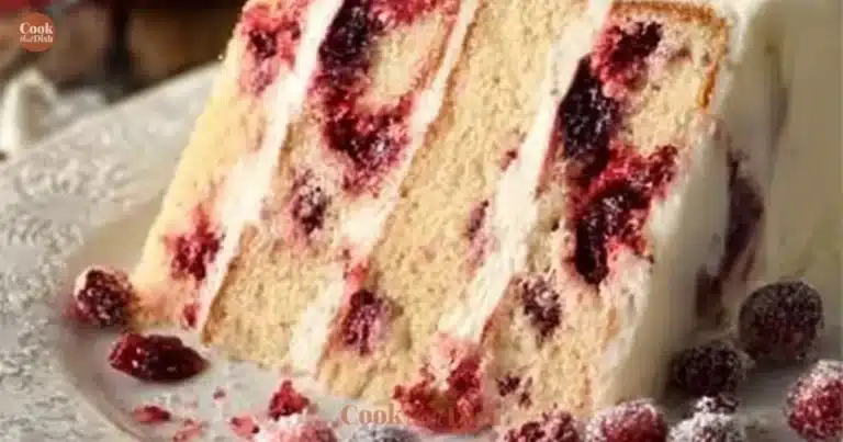 Sparkling Cranberry White Chocolate Cake garnished with cranberries and white chocolate shavings.