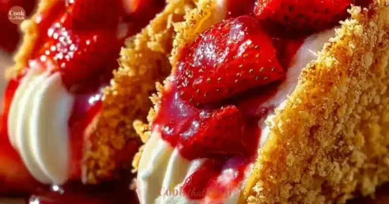 Strawberry crunch cheesecake tacos served on a white plate with fresh strawberries.