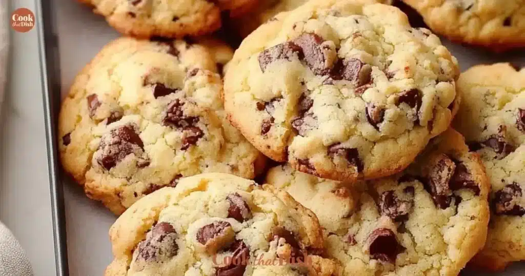 Sweet chocolate chip and toffee shortbread cookies on a plate