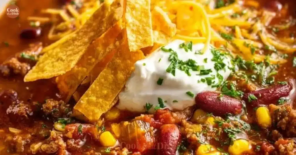 A bowl of hearty Taco Soup garnished with cilantro and cheese.