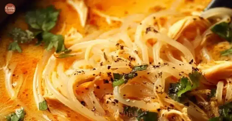 Bowl of Thai Inspired Chicken Soup with fresh herbs and spices.