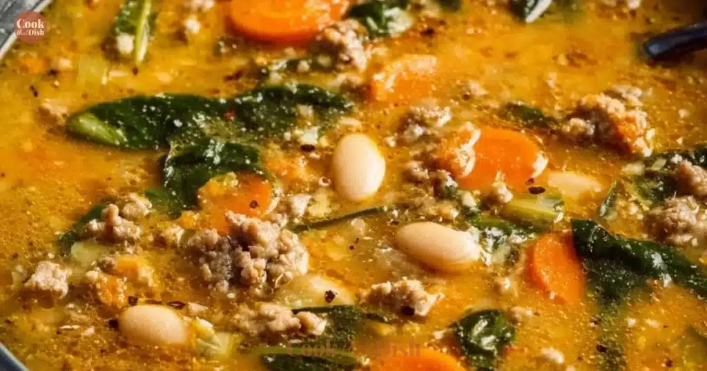 Bowl of delicious Tuscan White Bean Soup garnished with herbs.