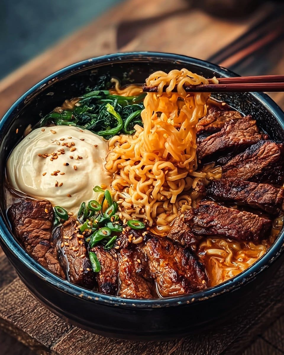 Spicy Korean Ramen with Grilled Beef & Creamy Sauce