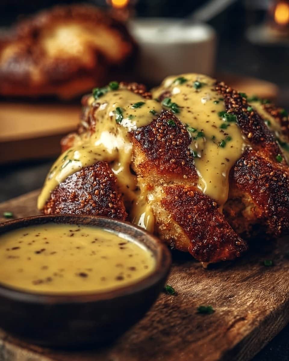 Pretzel Chicken with Mustard-Cheddar Sauce