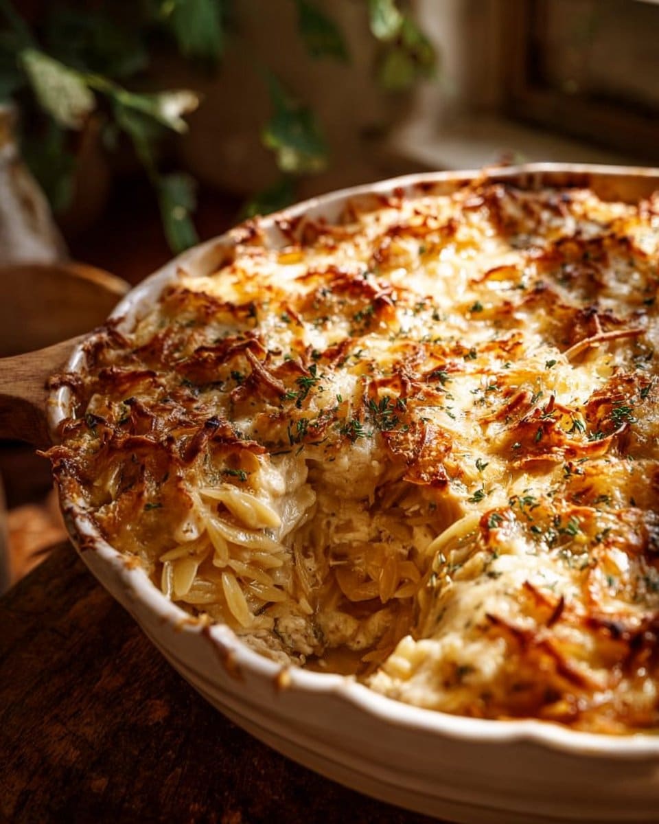 French Onion Chicken Orzo Casserole