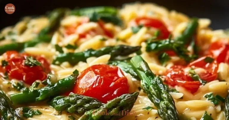 Baked feta orzo dish topped with fresh herbs and vegetables