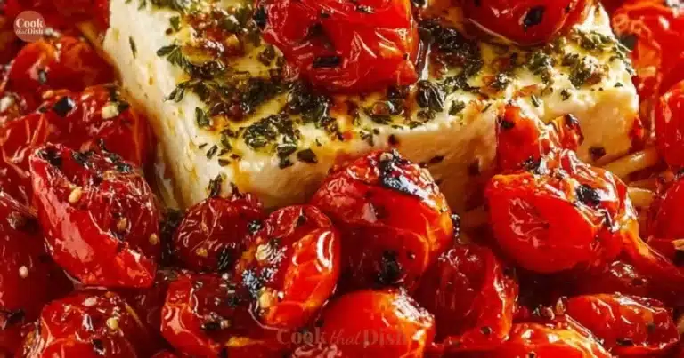 A steaming plate of baked feta pasta garnished with fresh basil and tomatoes.