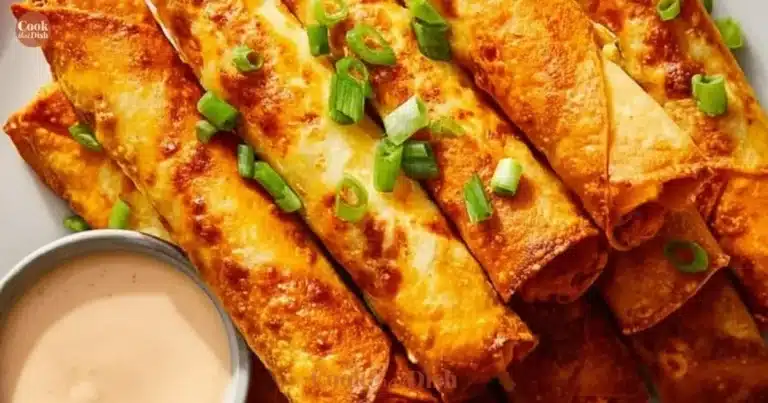 Crispy Buffalo Chicken Taquitos served with dipping sauce on a plate
