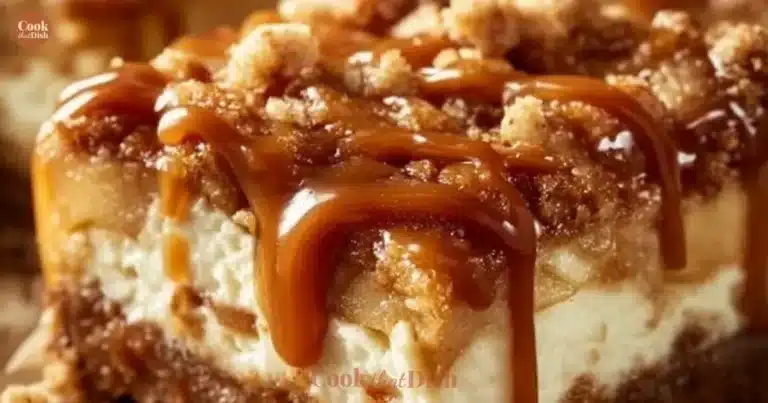 Delicious caramel apple cheesecake bars topped with caramel drizzle and apple slices.