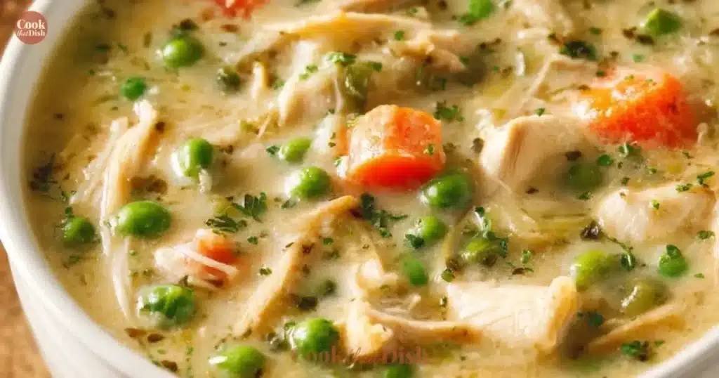 Delicious Chicken Pot Pie Soup in a bowl, garnished with fresh herbs.