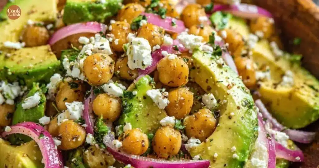 Chickpea Feta Avocado Salad with fresh vegetables and dressing