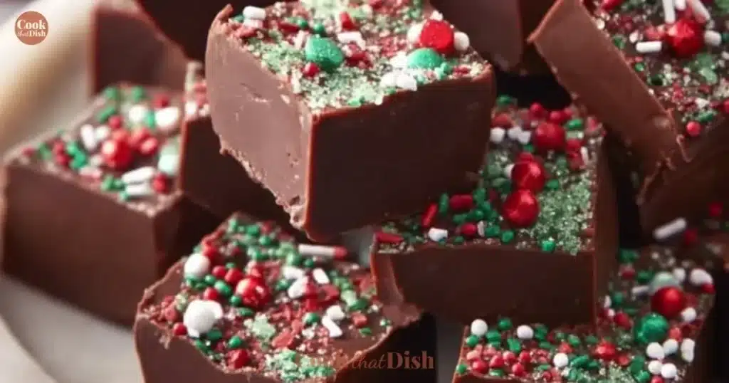 Delicious homemade Christmas fudge on a festive plate.
