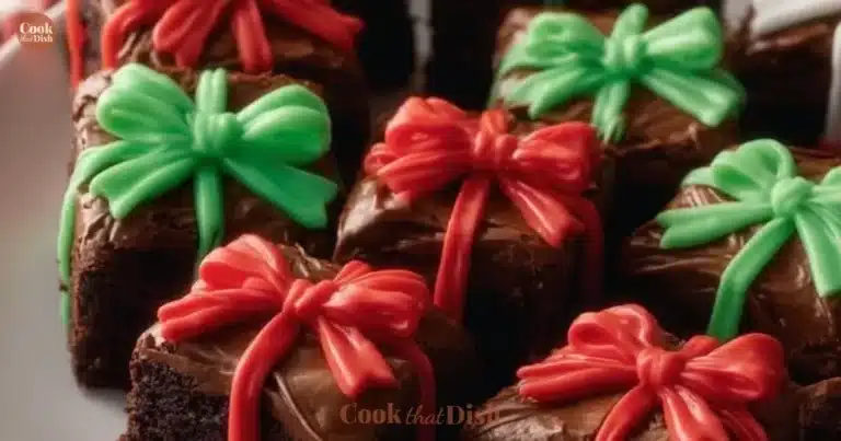 Decadent Christmas Present Brownies decorated for the holiday season