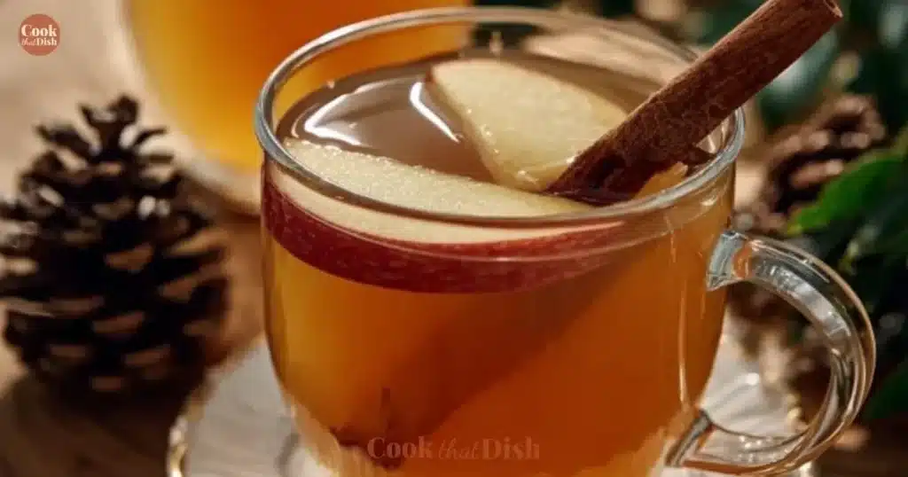 A steaming cup of Christmas spiced apple cider tea with festive spices and apples.