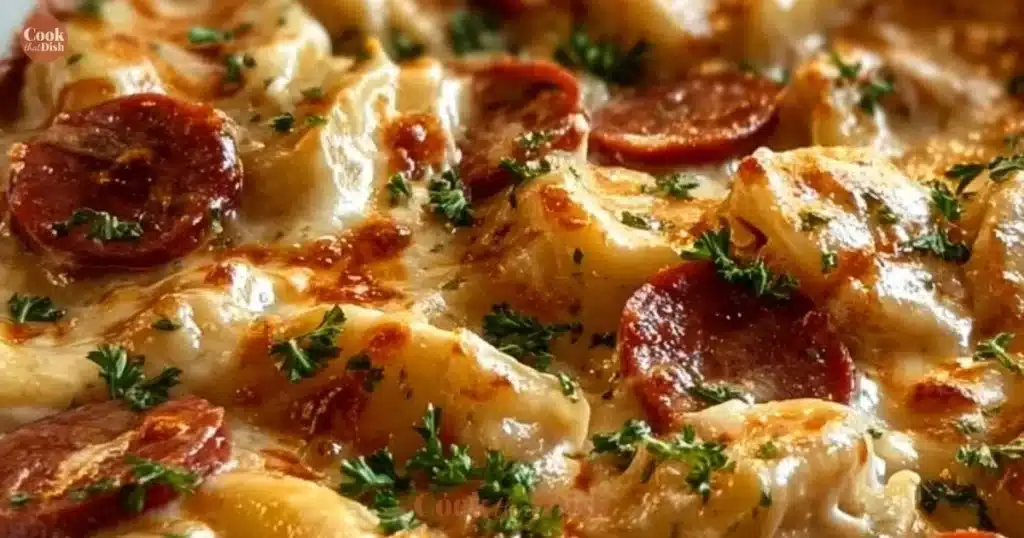 Classic Crockpot Pierogi Casserole with Kielbasa served in a bowl