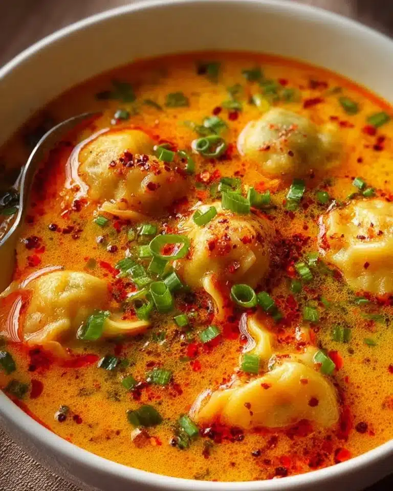 Bowl of Coconut Curry Soup with Dumplings garnished with cilantro and lime