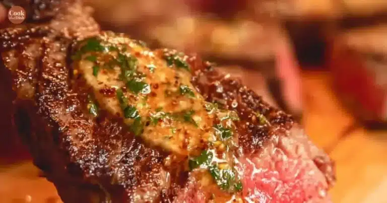 Delicious Cowboy Butter Steak garnished with herbs and served on a plate.