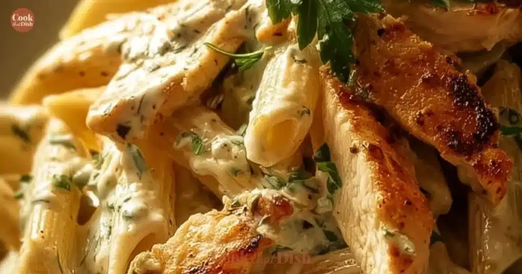 Creamy Crac Chicken Penne dish served in a bowl with fresh herbs