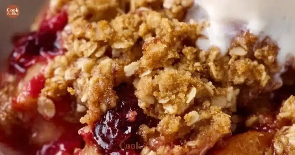Delicious Cranberry Apple Crisp served warm with a scoop of vanilla ice cream
