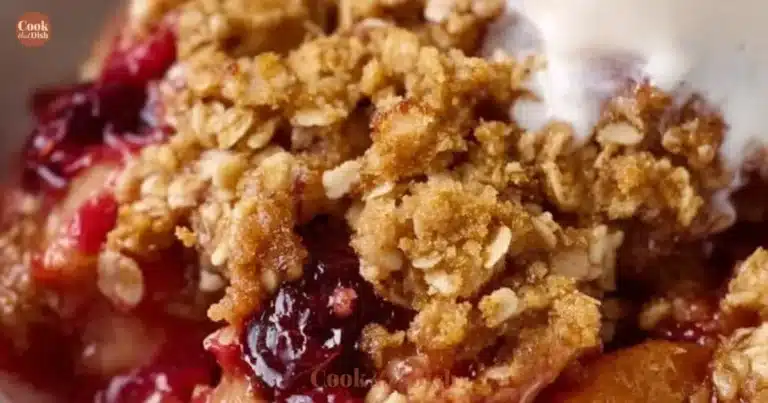 Delicious Cranberry Apple Crisp served warm with a scoop of vanilla ice cream
