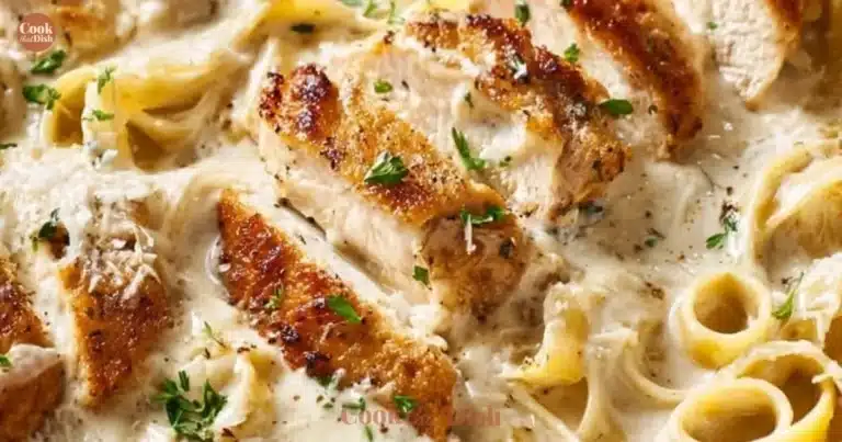 Creamy Chicken Fettuccine Alfredo with chicken, fettuccine pasta, and alfredo sauce