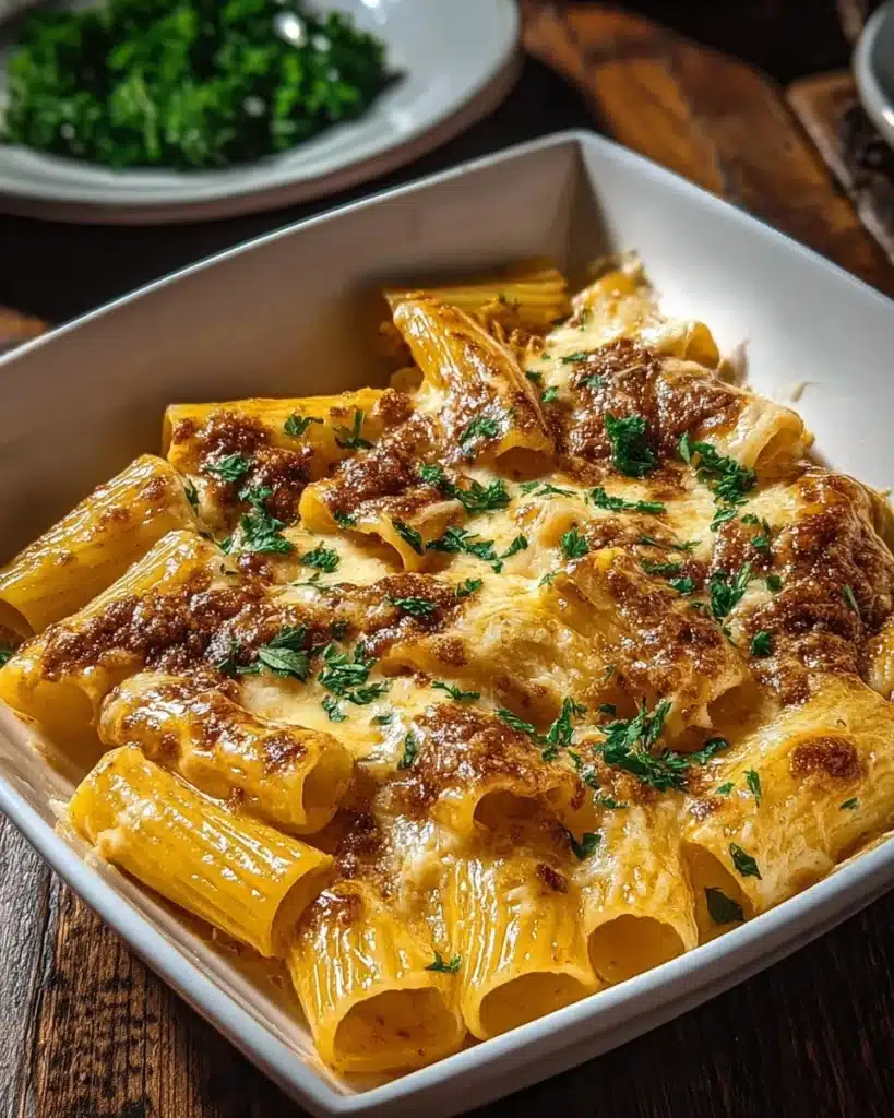 Creamy Parmesan beef rigatoni served in a bowl with fresh herbs