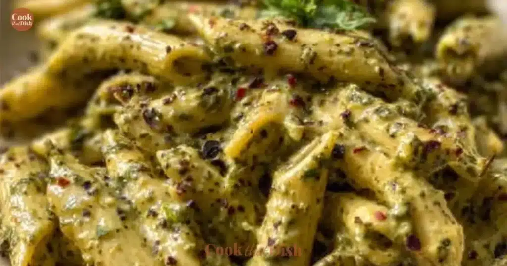 Creamy pesto sauce pasta served in a bowl with fresh basil and cherry tomatoes
