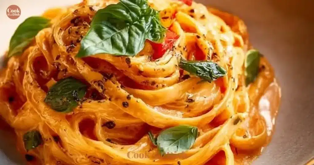Creamy tomato pasta served in a bowl with fresh basil on top
