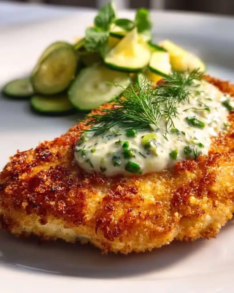 Crispy Dill Pickle Parmesan Chicken served with side salad