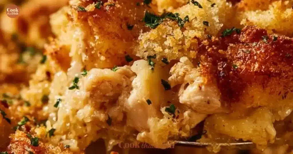 Dolly’s Chicken and Stuffing Casserole dish served hot with herbs and spices