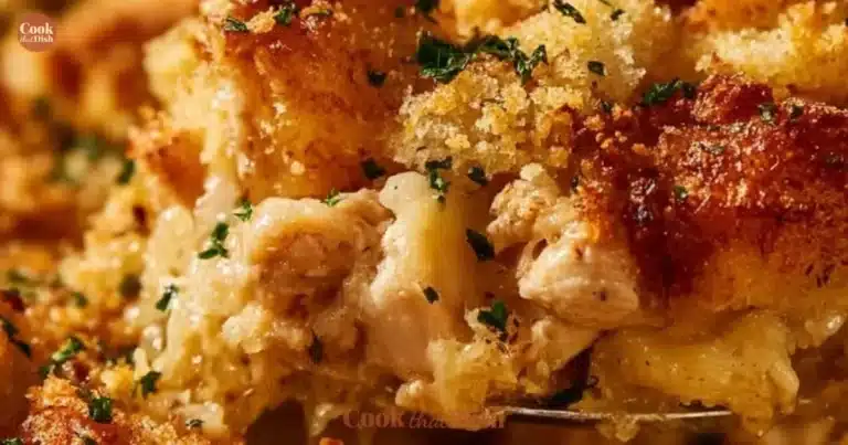 Dolly’s Chicken and Stuffing Casserole dish served hot with herbs and spices