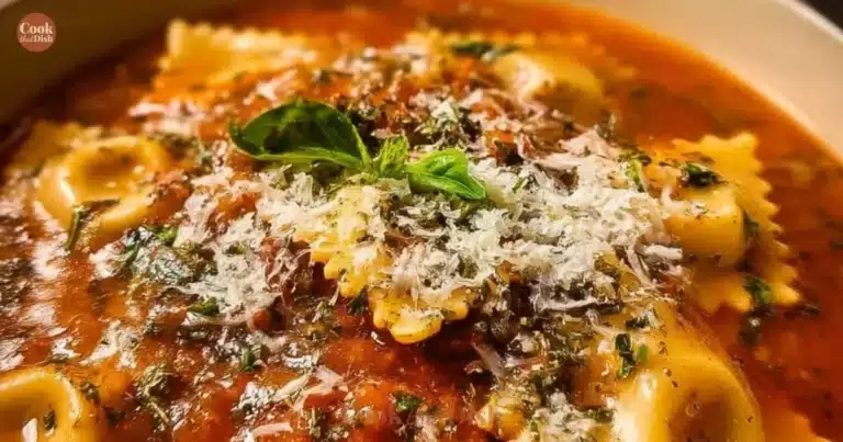 A bowl of Easy Creamy Lasagna Soup topped with cheese and herbs.