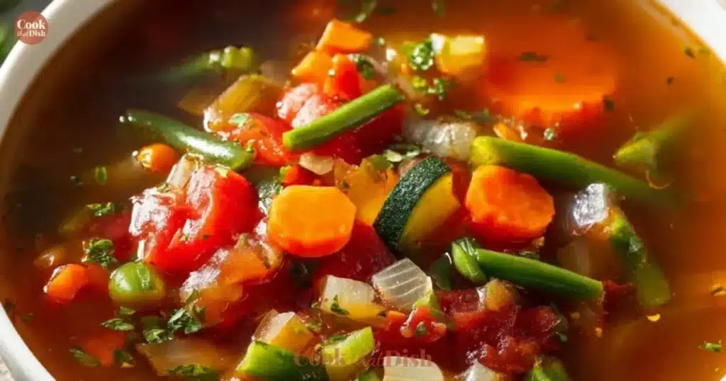 Bowl of easy vegetable soup with fresh veggies and herbs
