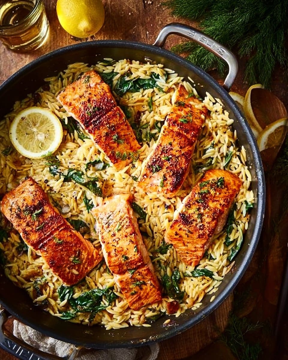 One Skillet Salmon with Lemon Orzo