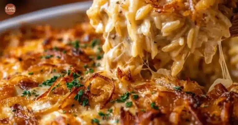 Delicious French onion chicken orzo casserole served in a baking dish