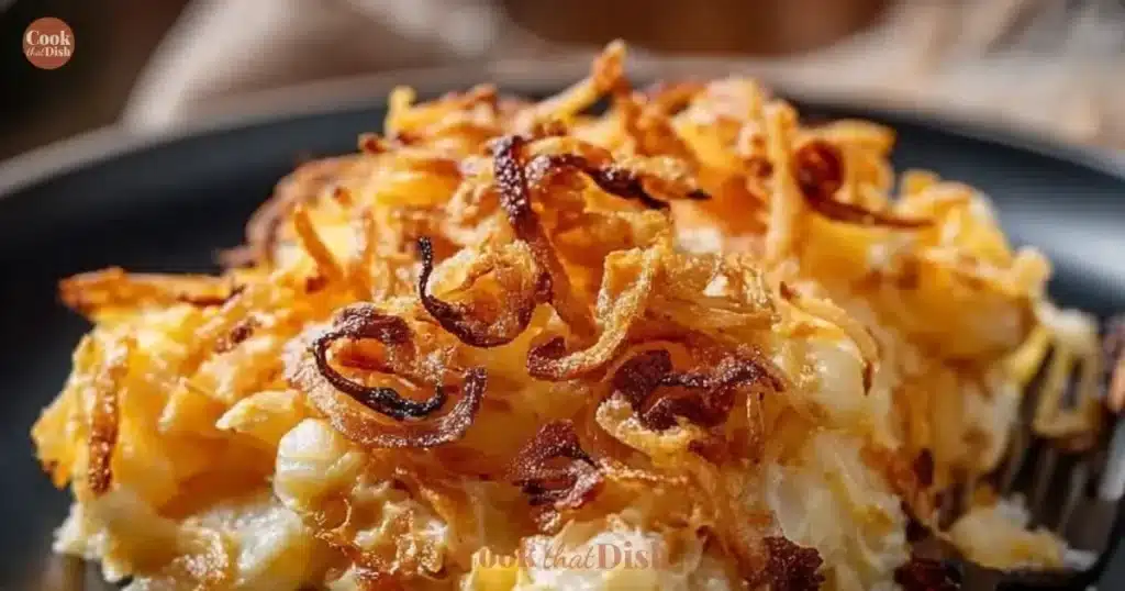 Delicious French Onion Funeral Potatoes topped with crispy onions and cheese
