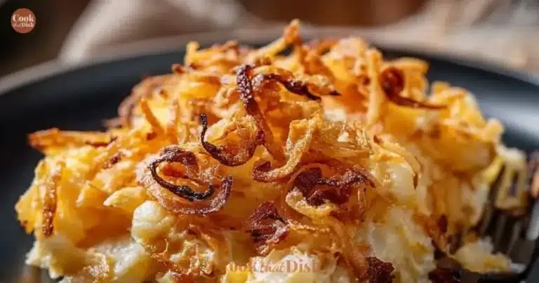 Delicious French Onion Funeral Potatoes topped with crispy onions and cheese
