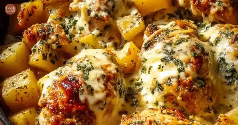 Garlic Parmesan Chicken with roasted potatoes on a plate