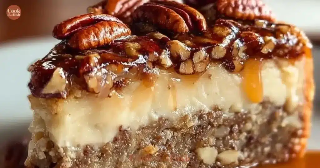 Gooey Butter Pecan Cake topped with chopped pecans and a creamy finish
