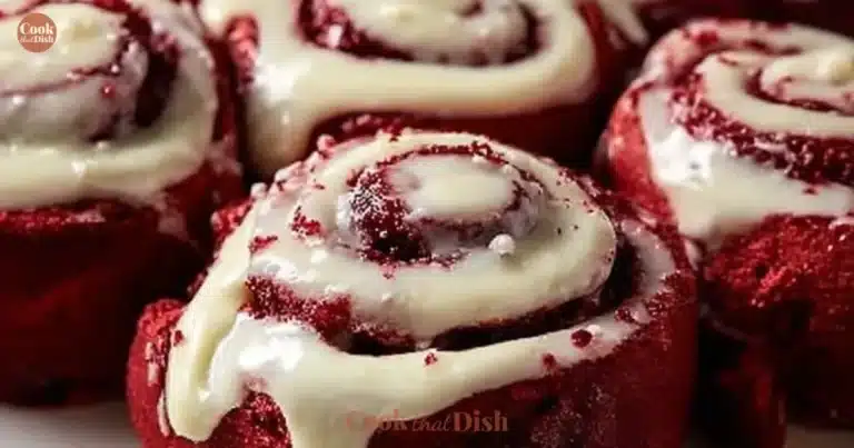 Freshly baked red velvet cinnamon rolls topped with cream cheese frosting