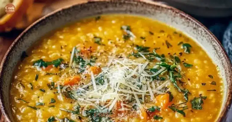 Bowl of Italian Penicillin Soup with fresh herbs and vegetables
