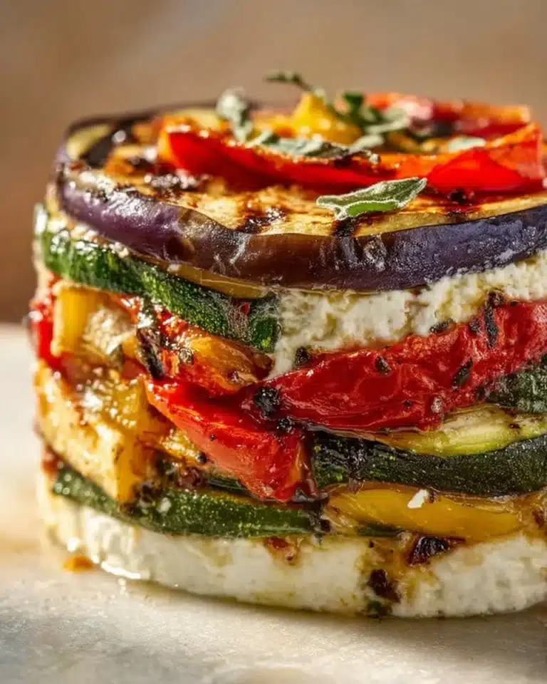 Layered Mediterranean vegetable lasagna with creamy ricotta and fresh veggies