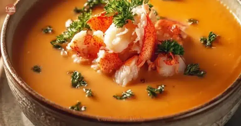 Delicious bowl of rich and creamy lobster bisque garnished with herbs.