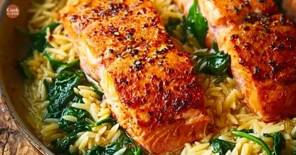 One Skillet Salmon with Lemon Orzo recipe with fresh ingredients.