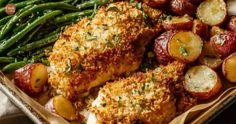 Parmesan Crusted Chicken Sheet Pan Dinner with vegetables